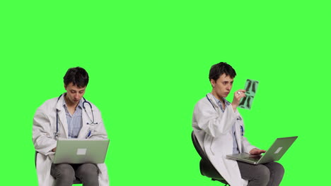 Physician-doing-research-with-a-x-ray-scan-result-against-greenscreen